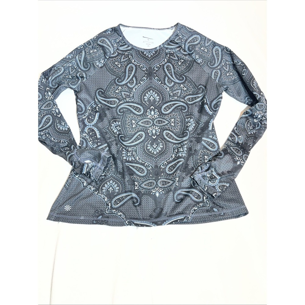 Athleta Womens XL Grey Blue Paisley Mandala Long Sleeve Performance Top 930278